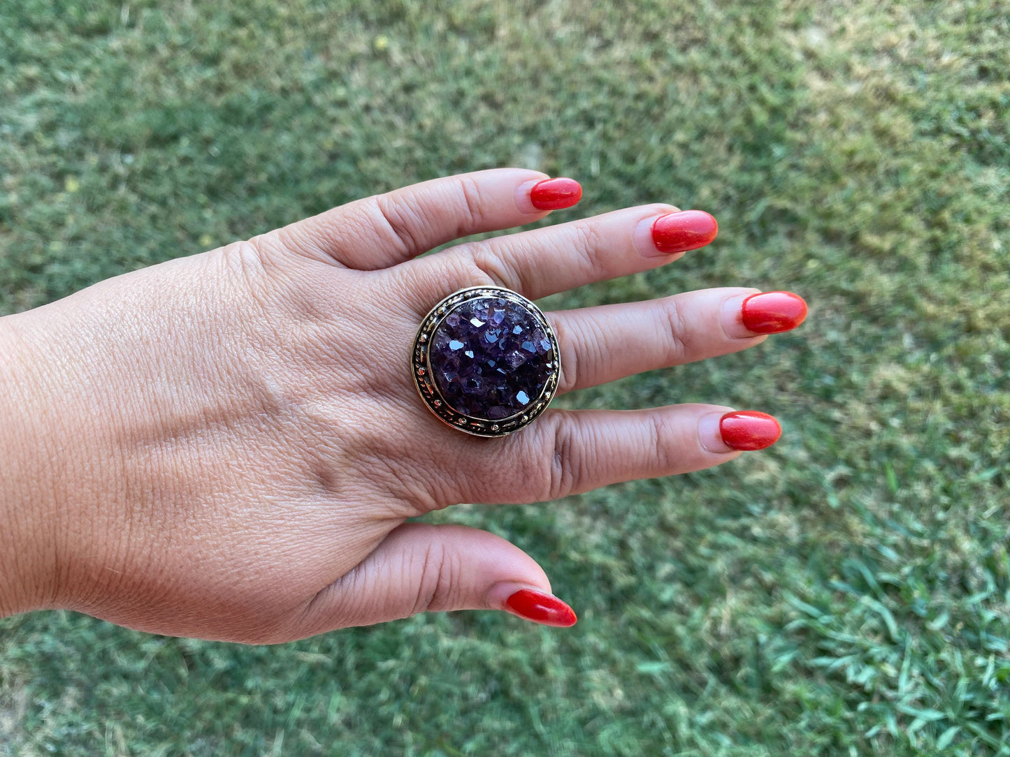 Big Adjustable Raw Amethyst Geode Tibetan Silver Ring, Purple Raw Stone Rings, Amethyst Crystal Ring, Statement Rings, Chunky Bohemian Ring