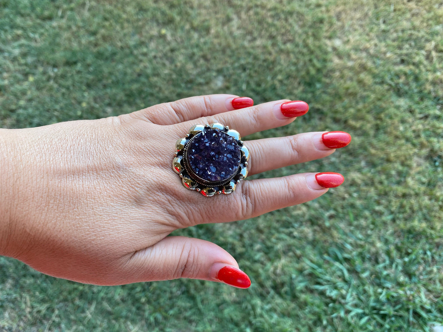 Big Adjustable Raw Amethyst Geode Tibetan Silver Ring, Purple Raw Stone Rings, Amethyst Crystal Ring, Statement Rings, Chunky Bohemian Ring