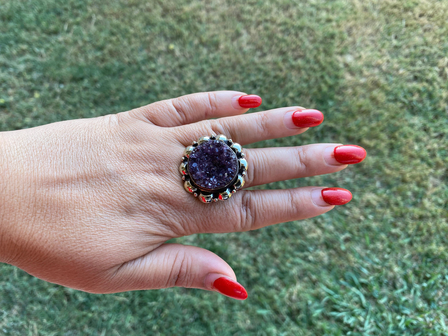 Big Adjustable Raw Amethyst Geode Tibetan Silver Ring, Purple Raw Stone Rings, Amethyst Crystal Ring, Statement Rings, Chunky Bohemian Ring