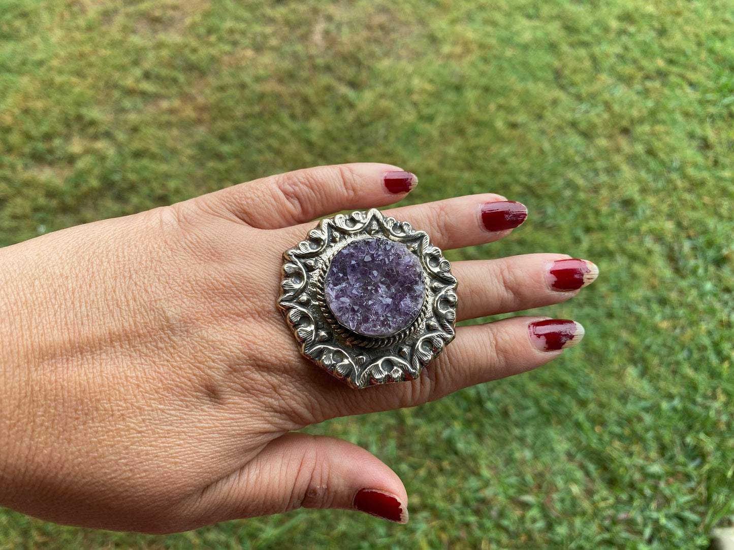 Big Adjustable Raw Amethyst Geode Tibetan Silver Ring, Purple Raw Stone Rings, Amethyst Crystal Ring, Statement Rings, Chunky Bohemian Ring