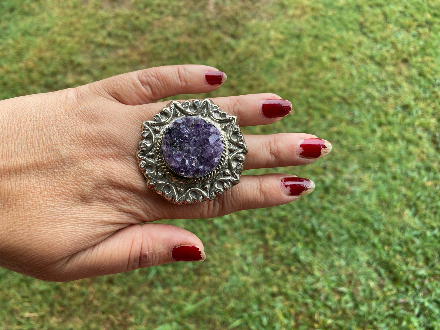 Big Adjustable Raw Amethyst Geode Tibetan Silver Ring, Purple Raw Stone Rings, Amethyst Crystal Ring, Statement Rings, Chunky Bohemian Ring