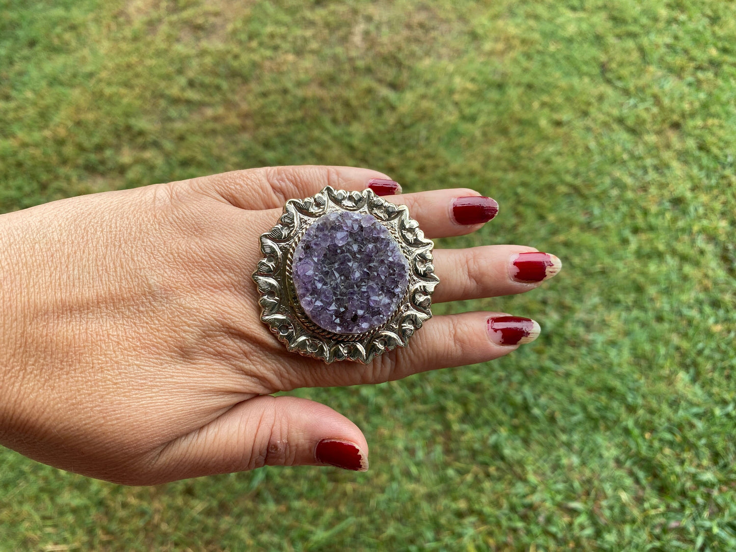 Big Adjustable Raw Amethyst Geode Tibetan Silver Ring, Purple Raw Stone Rings, Amethyst Crystal Ring, Statement Rings, Chunky Bohemian Ring