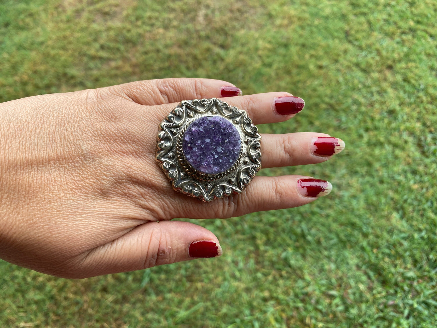 Big Adjustable Raw Amethyst Geode Tibetan Silver Ring, Purple Raw Stone Rings, Amethyst Crystal Ring, Statement Rings, Chunky Bohemian Ring