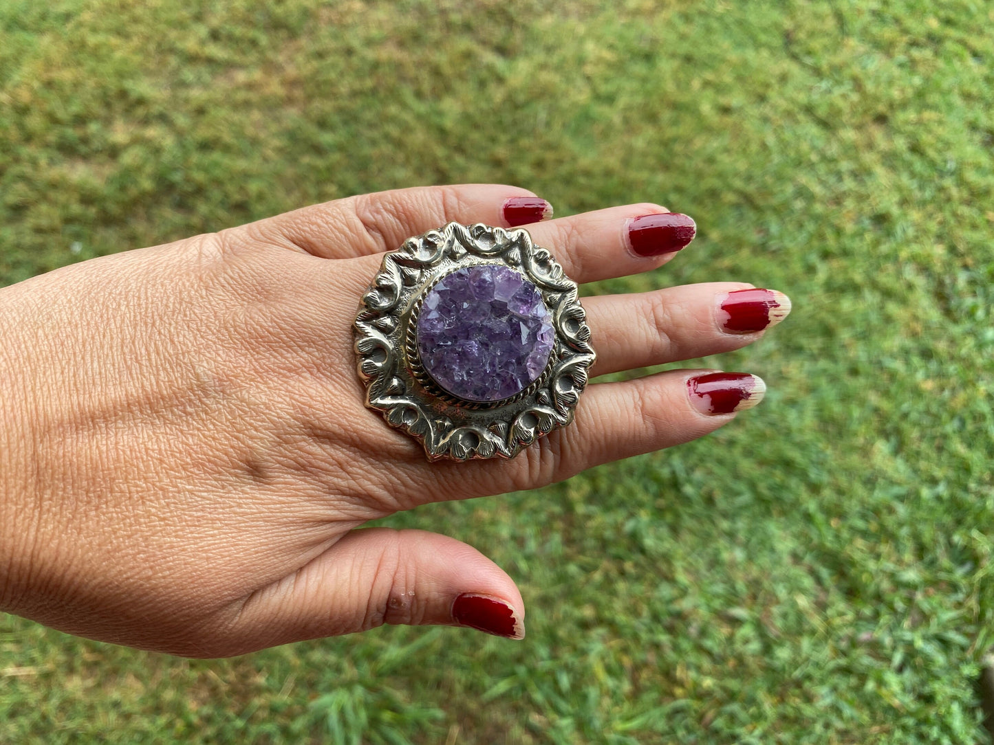 Big Adjustable Raw Amethyst Tibetan Silver Ring, Purple Raw Stone Rings, Purple Crystal, Sparkling Druzy, Handcrafted Ring Nature Inspired
