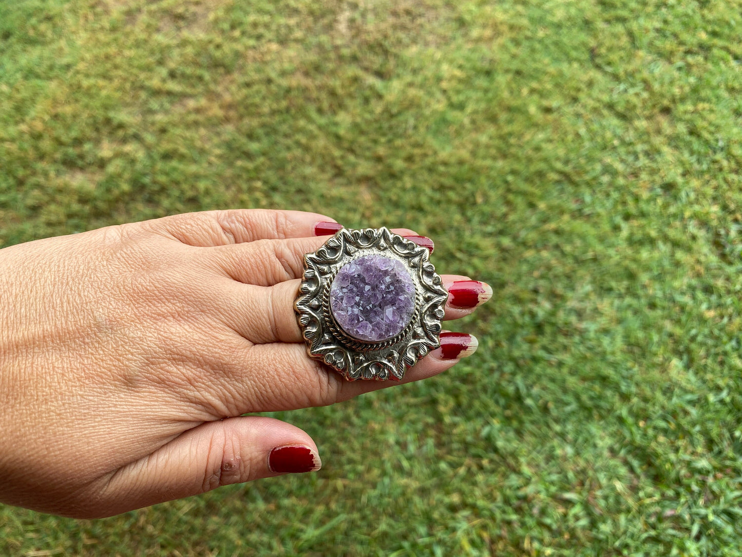 Big Adjustable Raw Amethyst Tibetan Silver Ring, Purple Raw Stone Rings, Purple Crystal, Sparkling Druzy, Handcrafted Ring Nature Inspired
