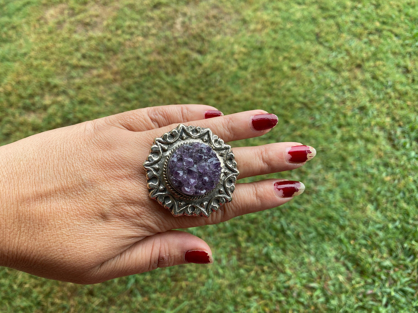 Big Adjustable Raw Amethyst Tibetan Silver Ring, Purple Raw Stone Rings, Purple Crystal, Sparkling Druzy, Handcrafted Ring Nature Inspired