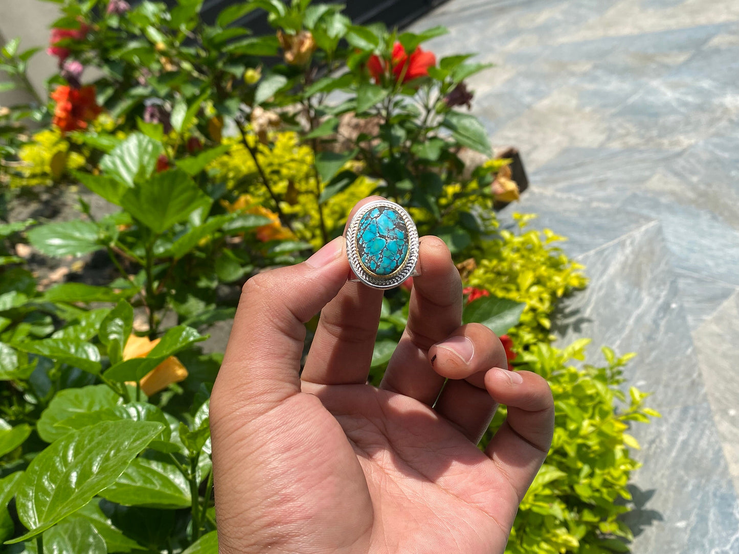 Big Adjustable Ring with Turquoise adornment, Handmade ring, Unisex ring, Birthstone Ring.