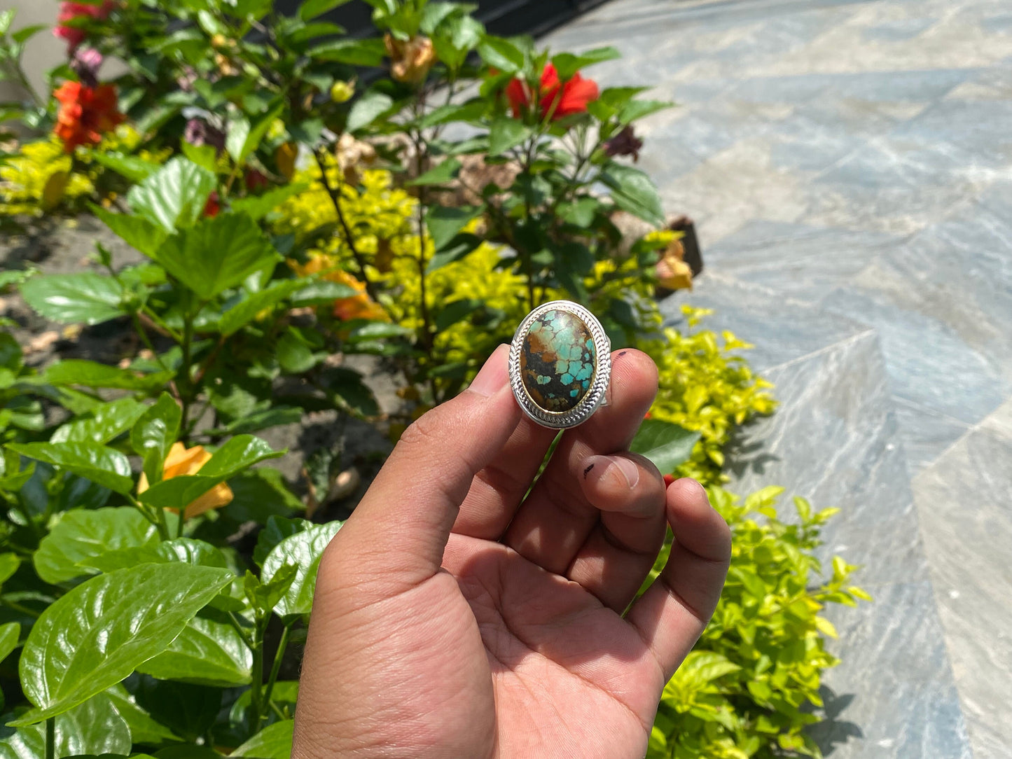 Big Adjustable Ring with Turquoise adornment, Handmade ring, Unisex ring, Birthstone Ring.
