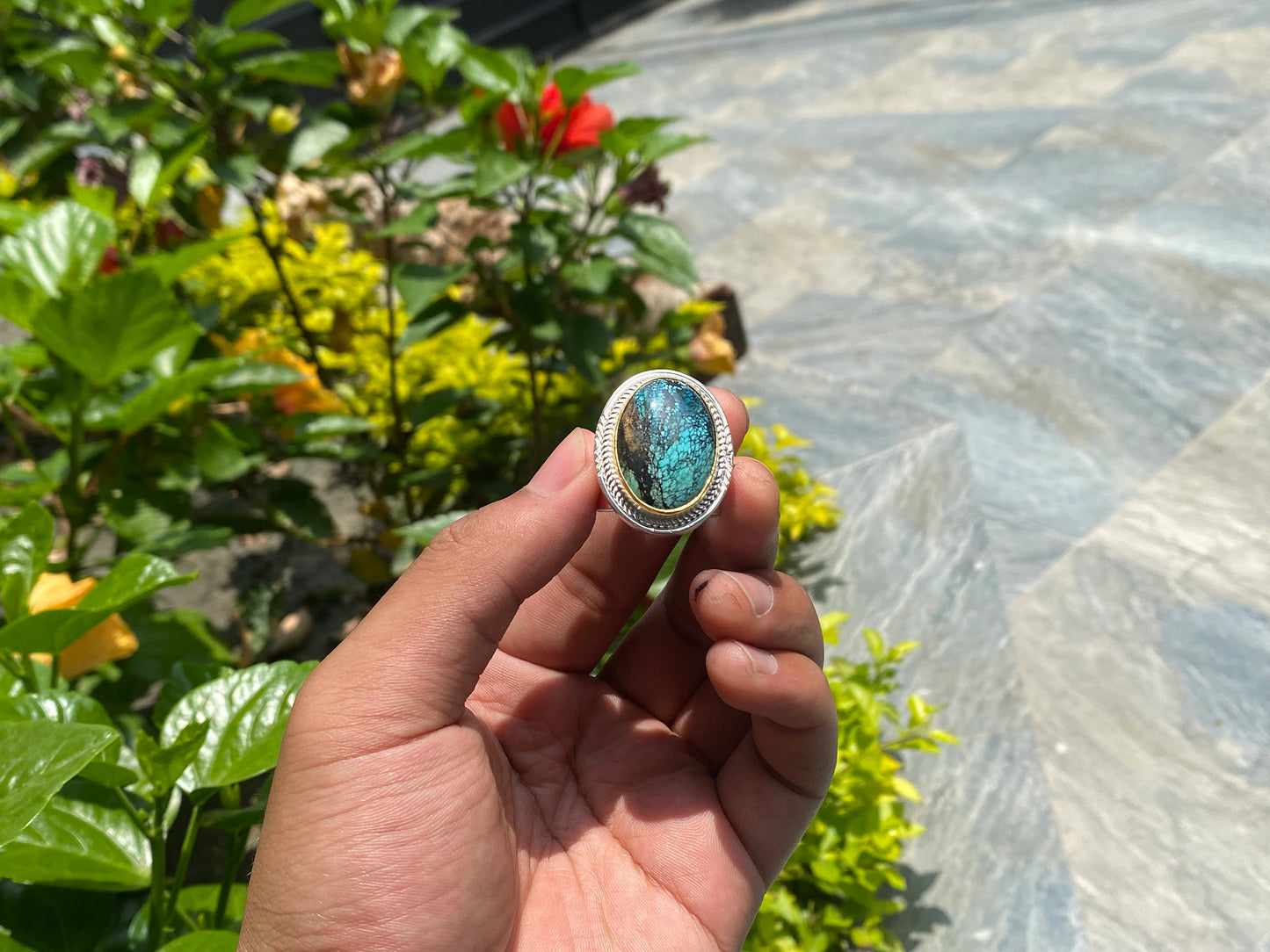 Big Adjustable Ring with Turquoise adornment, Handmade ring, Unisex ring, Birthstone Ring.