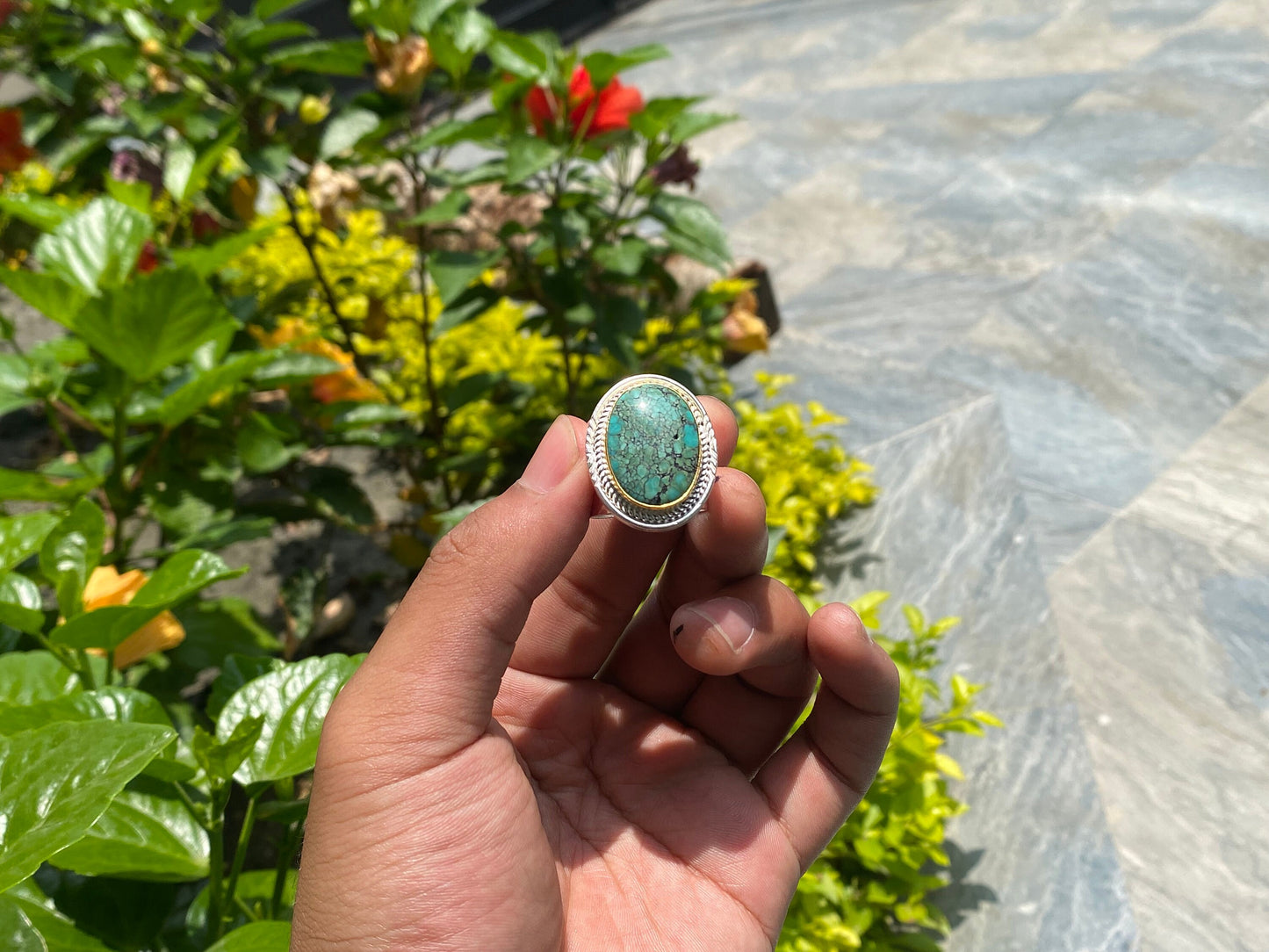 Big Adjustable Ring with Turquoise adornment, Handmade ring, Unisex ring, Birthstone Ring.