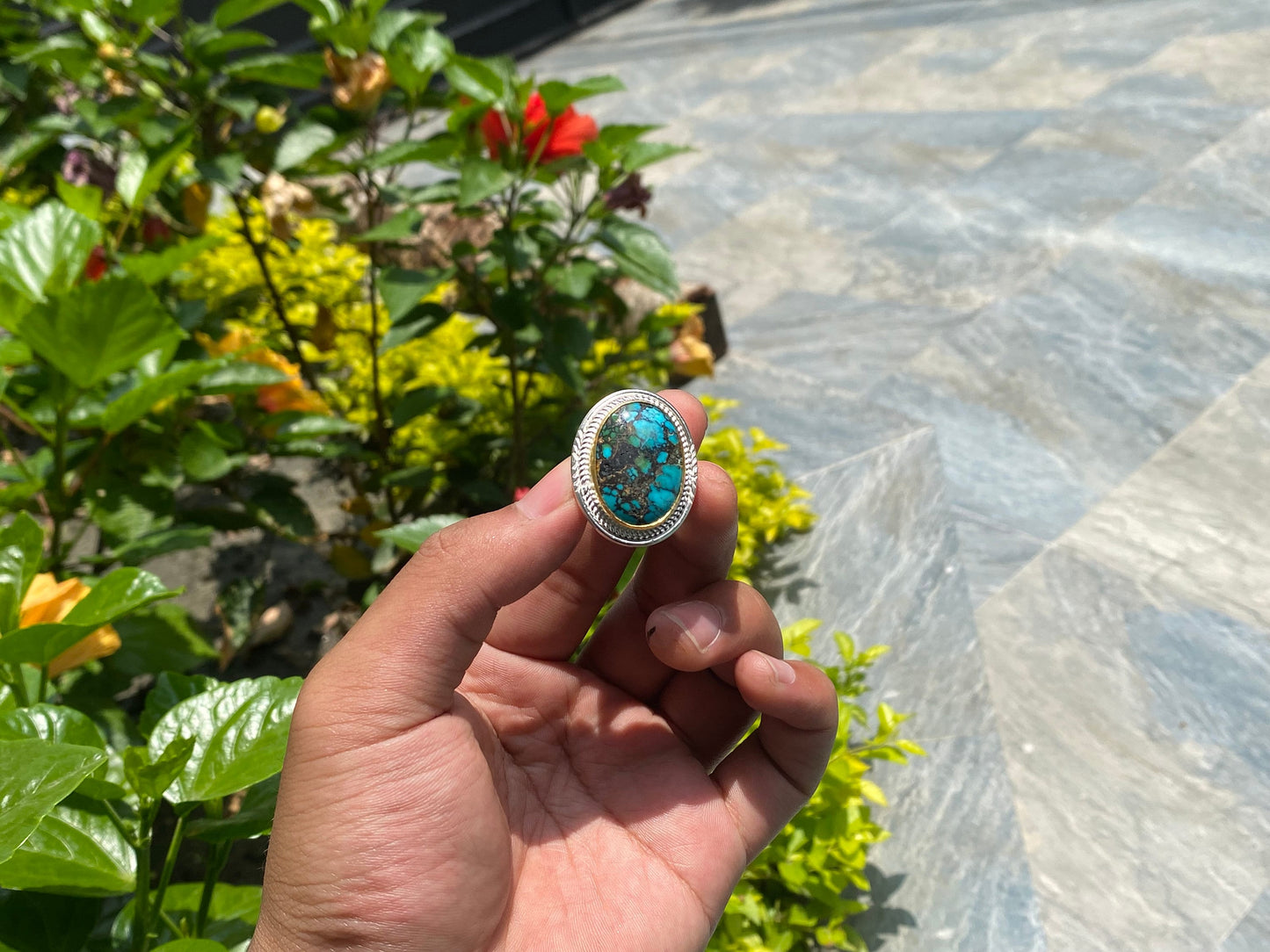 Big Adjustable Ring with Turquoise adornment, Handmade ring, Unisex ring, Birthstone Ring.