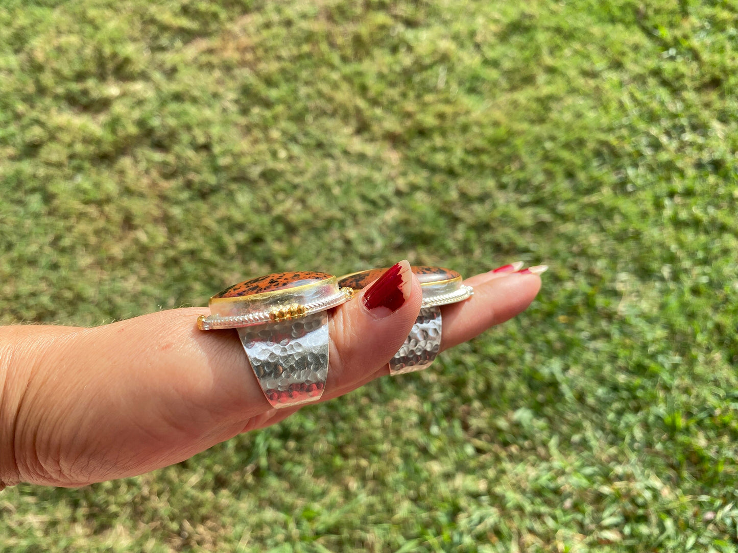 Big Adjustable Two Tone Jasper Ring for Love Relationship, Mindfulness Gift, Brushed Gold And Silver Overlay, Wide Band Ring Cocktail Ring