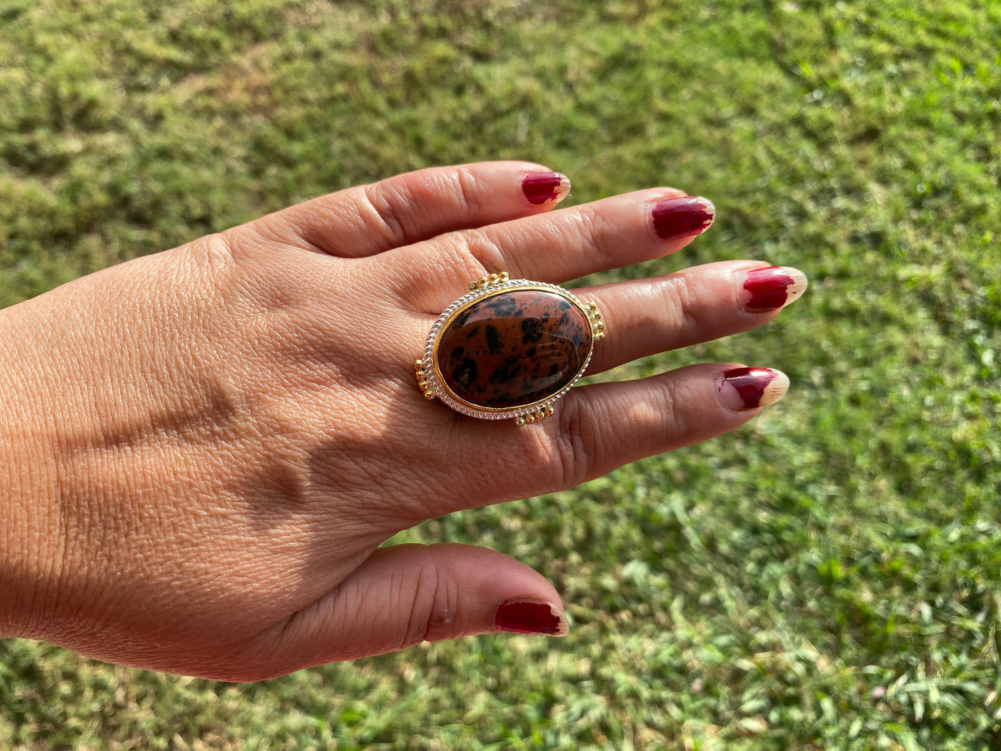 Big Adjustable Two Tone Jasper Ring for Love Relationship, Mindfulness Gift, Brushed Gold And Silver Overlay, Wide Band Ring Cocktail Ring
