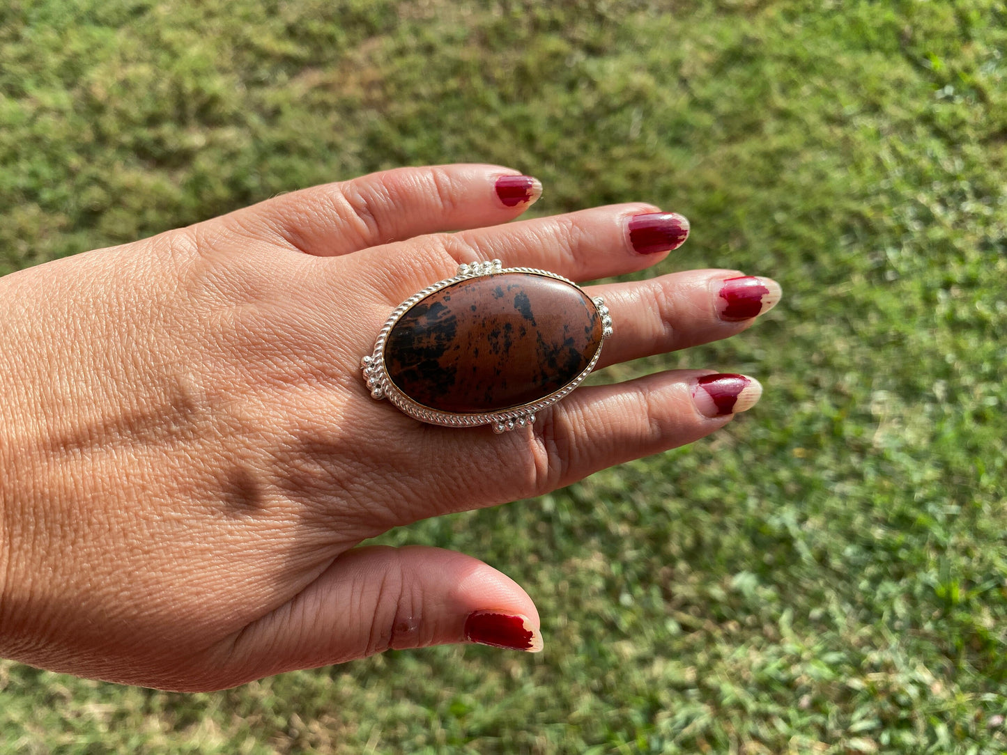 Big Adjustable Two Tone Jasper Ring for Love Relationship, Mindfulness Gift, Brushed Gold And Silver Overlay, Wide Band Ring Cocktail Ring