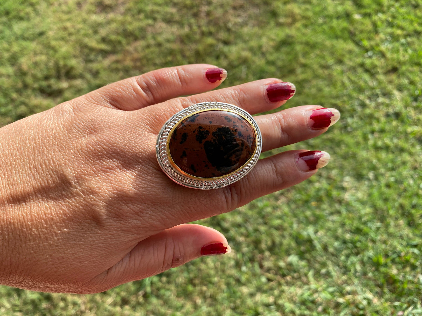 Big Adjustable Two Tone Jasper Ring for Love Relationship, Mindfulness Gift, Brushed Gold And Silver Overlay, Wide Band Ring Cocktail Ring