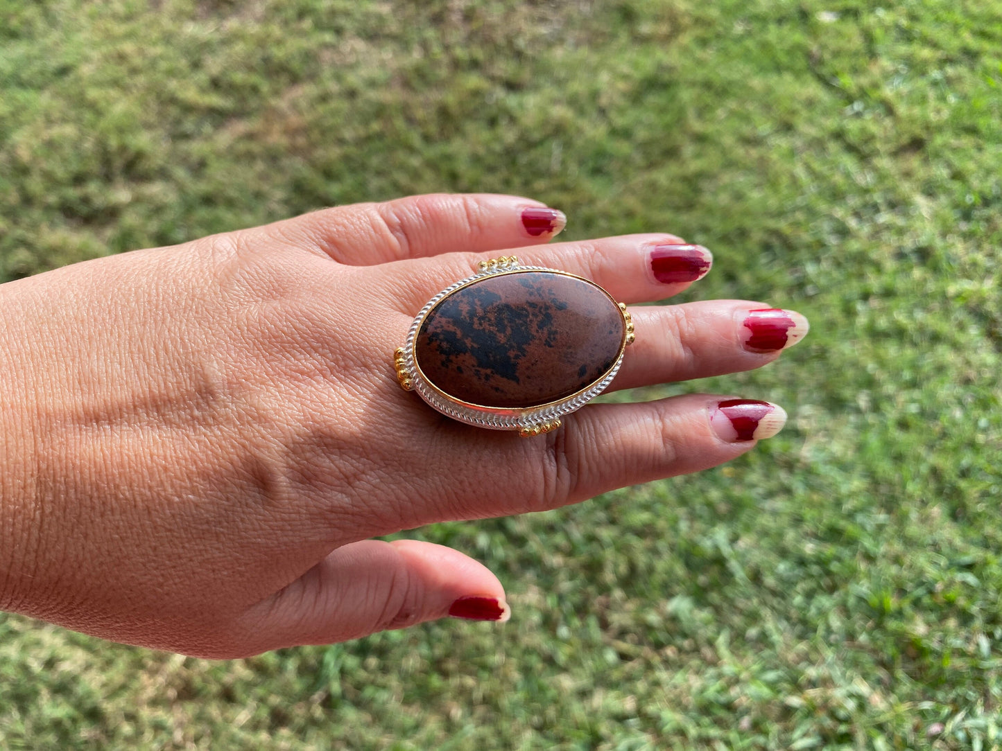 Big Adjustable Two Tone Jasper Ring for Love Relationship, Mindfulness Gift, Brushed Gold And Silver Overlay, Wide Band Ring Cocktail Ring