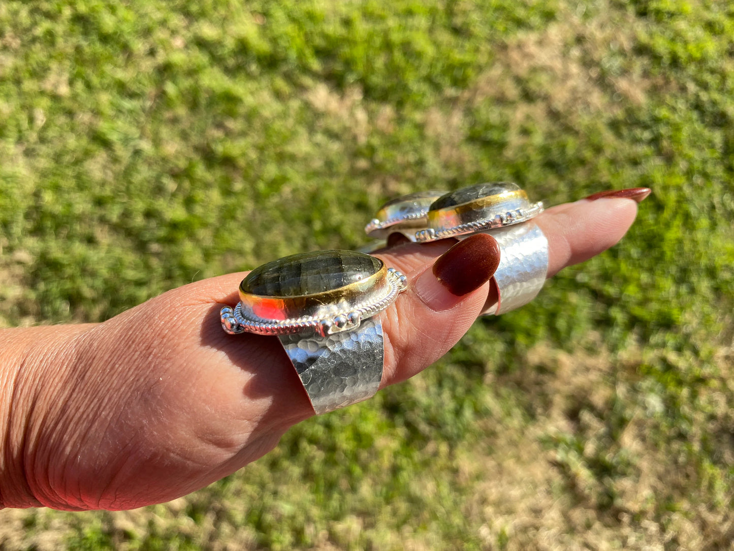 Big Adjustable Two Tone Ring, Labradorite Gemstone, Gold and Silver Overlay Ring, Statement Ring, Bridesmaid Gift, Hammered Ring, Big Stone