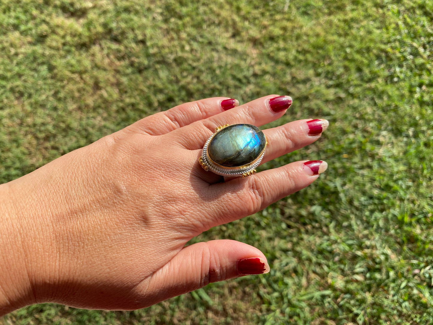 Big Adjustable Two Tone Ring, Labradorite Gemstone, Gold and Silver Overlay Ring, Statement Ring, Luxury Jewelry, Hammered Ring, Big Stone