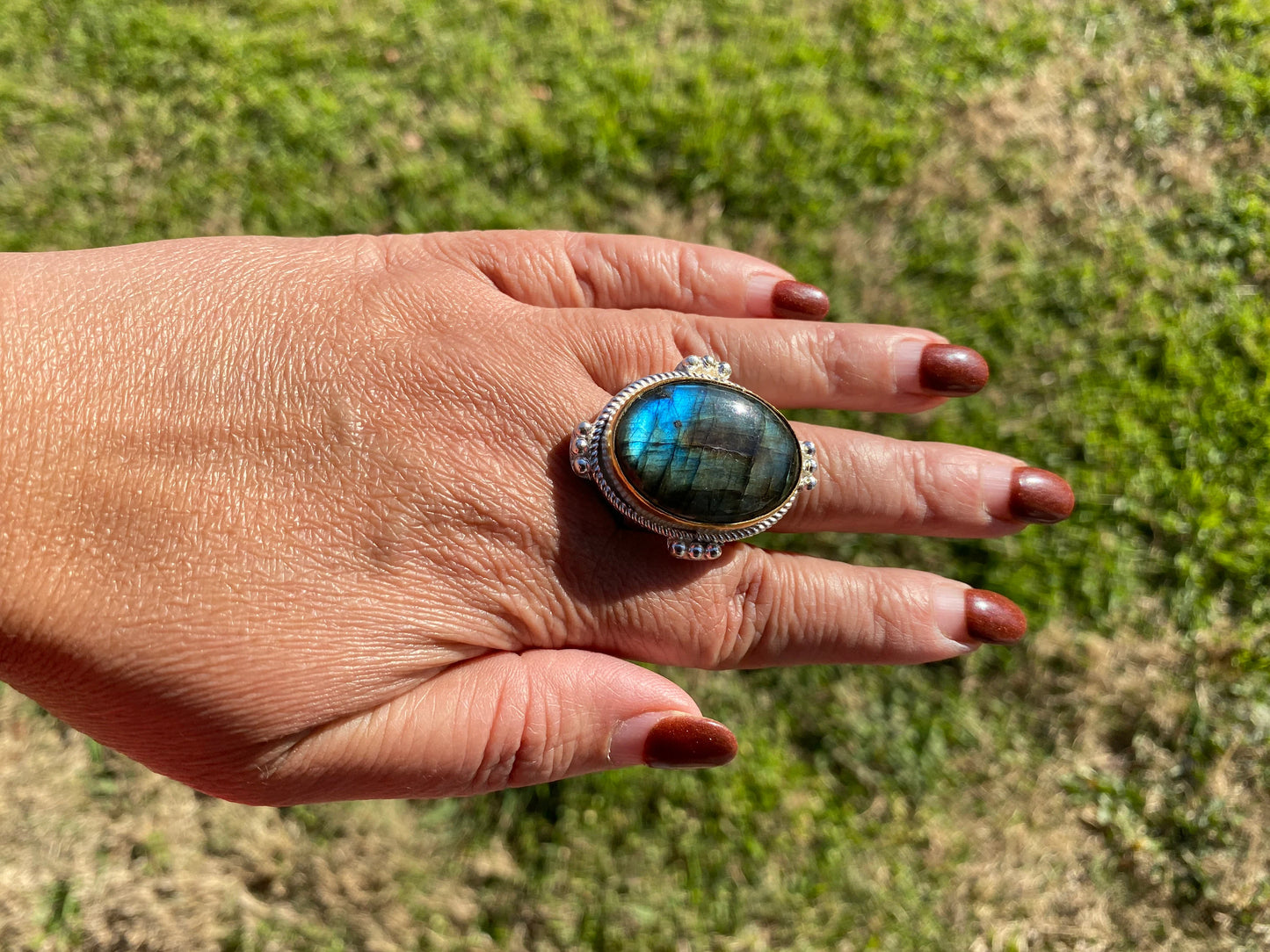 Big Adjustable Two Tone Ring, Labradorite Gemstone, Gold and Silver Overlay Ring, Statement Ring, Bridesmaid Gift, Hammered Ring, Big Stone