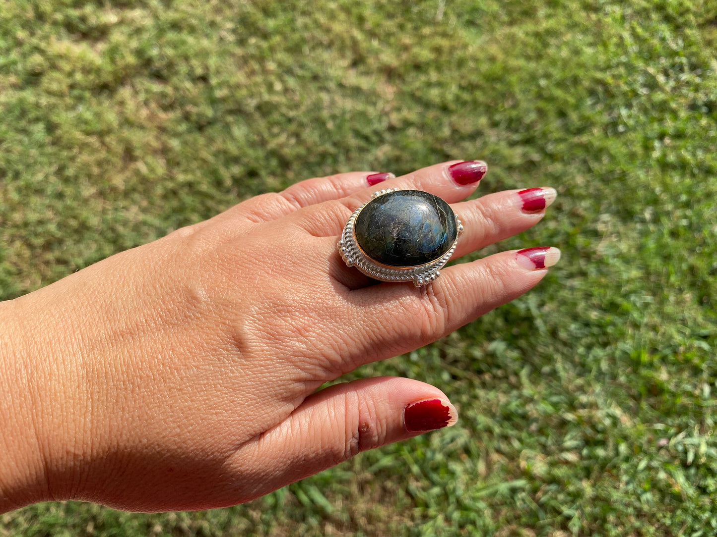 Big Adjustable Two Tone Ring, Labradorite Gemstone, Gold and Silver Overlay Ring, Statement Ring, Luxury Jewelry, Hammered Ring, Big Stone