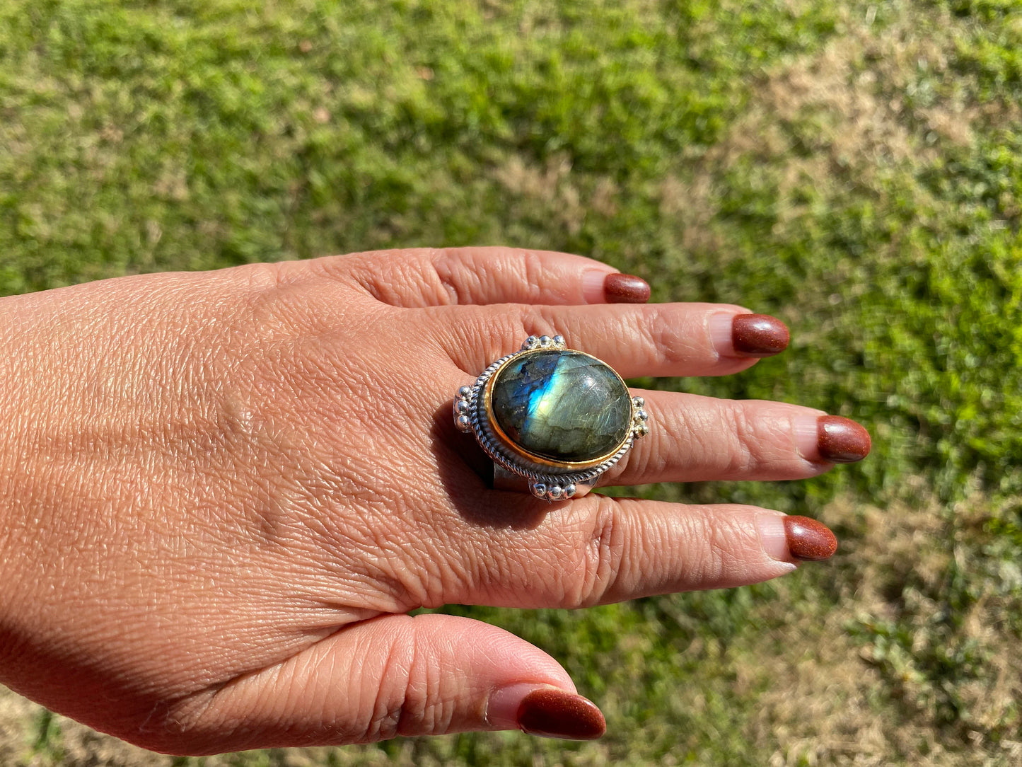 Big Adjustable Two Tone Ring, Labradorite Gemstone, Gold and Silver Overlay Ring, Statement Ring, Bridesmaid Gift, Hammered Ring, Big Stone