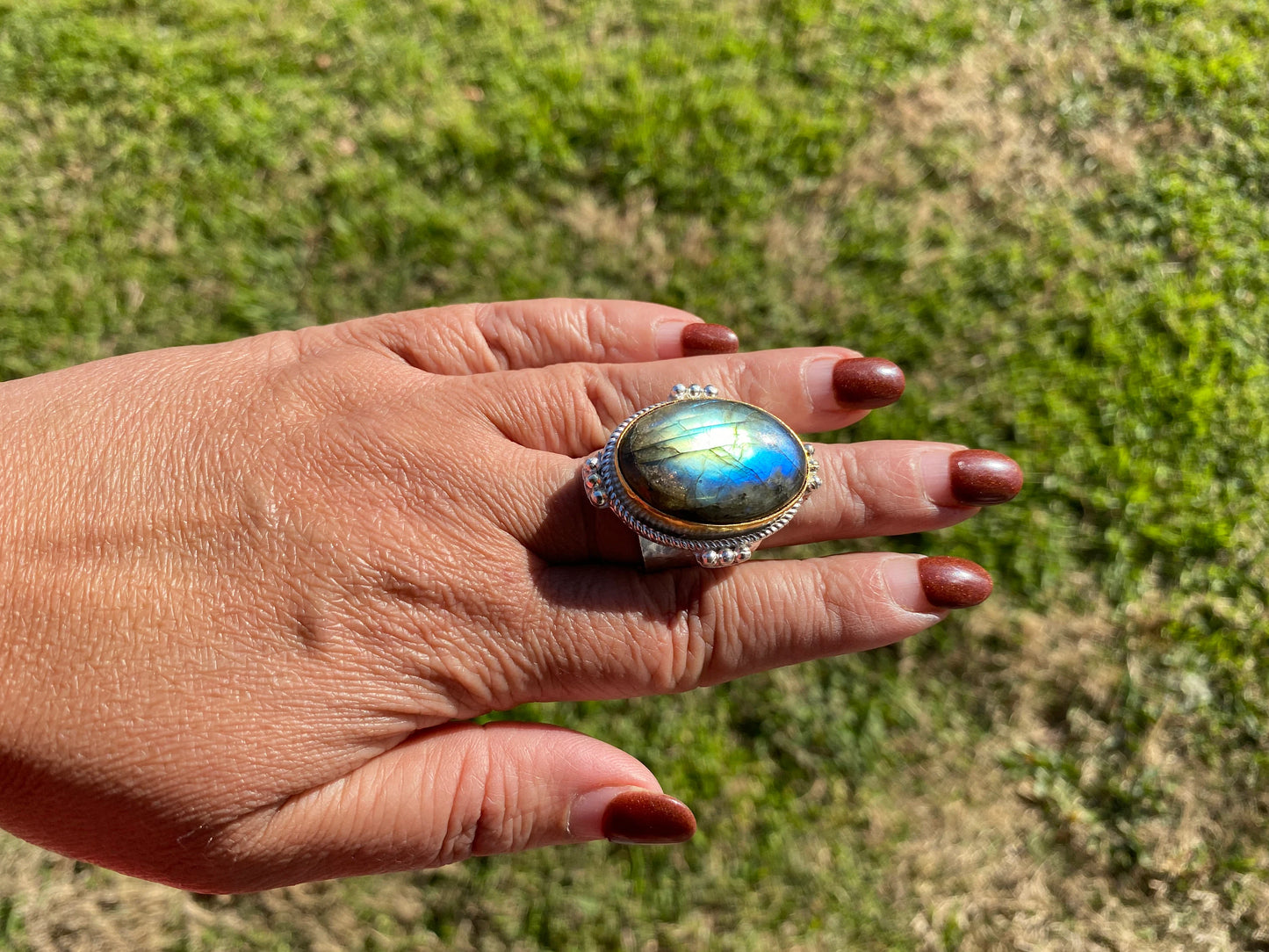 Big Adjustable Two Tone Ring, Labradorite Gemstone, Gold and Silver Overlay Ring, Statement Ring, Bridesmaid Gift, Hammered Ring, Big Stone