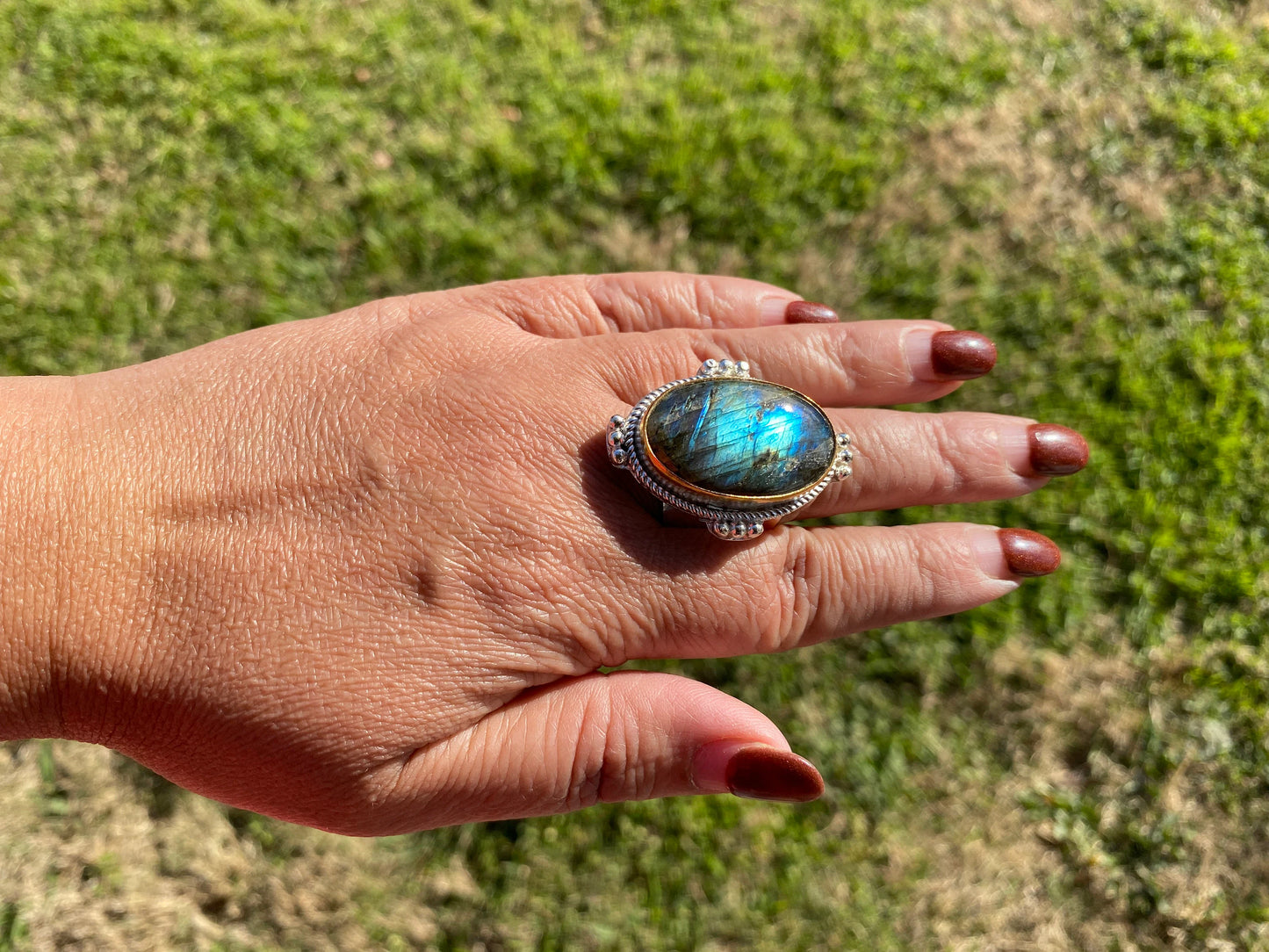 Big Adjustable Two Tone Ring, Labradorite Gemstone, Gold and Silver Overlay Ring, Statement Ring, Bridesmaid Gift, Hammered Ring, Big Stone