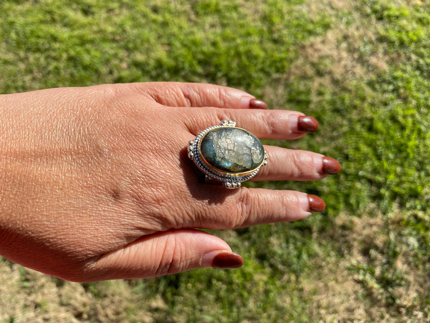 Big Adjustable Two Tone Ring, Labradorite Gemstone, Gold and Silver Overlay Ring, Statement Ring, Bridesmaid Gift, Hammered Ring, Big Stone