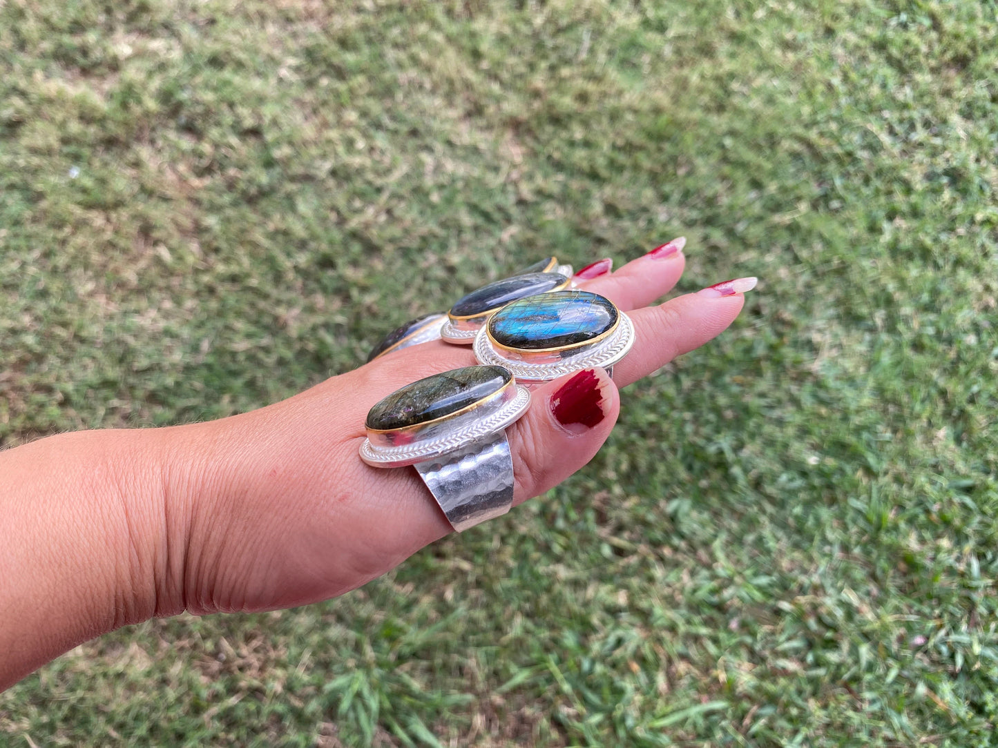 Big Adjustable Two Tone Ring, Labradorite Gemstone, Gold and Silver Overlay Ring, Statement Ring, Bridesmaid Gift, Hammered Ring, Big Stone
