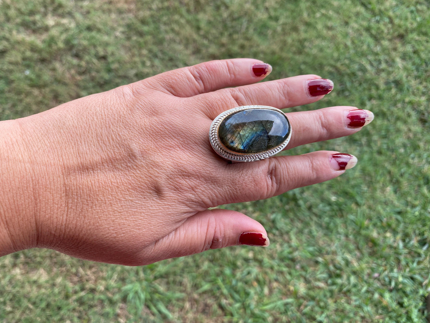Big Adjustable Two Tone Ring, Labradorite Gemstone, Gold and Silver Overlay Ring, Statement Ring, Bridesmaid Gift, Hammered Ring, Big Stone