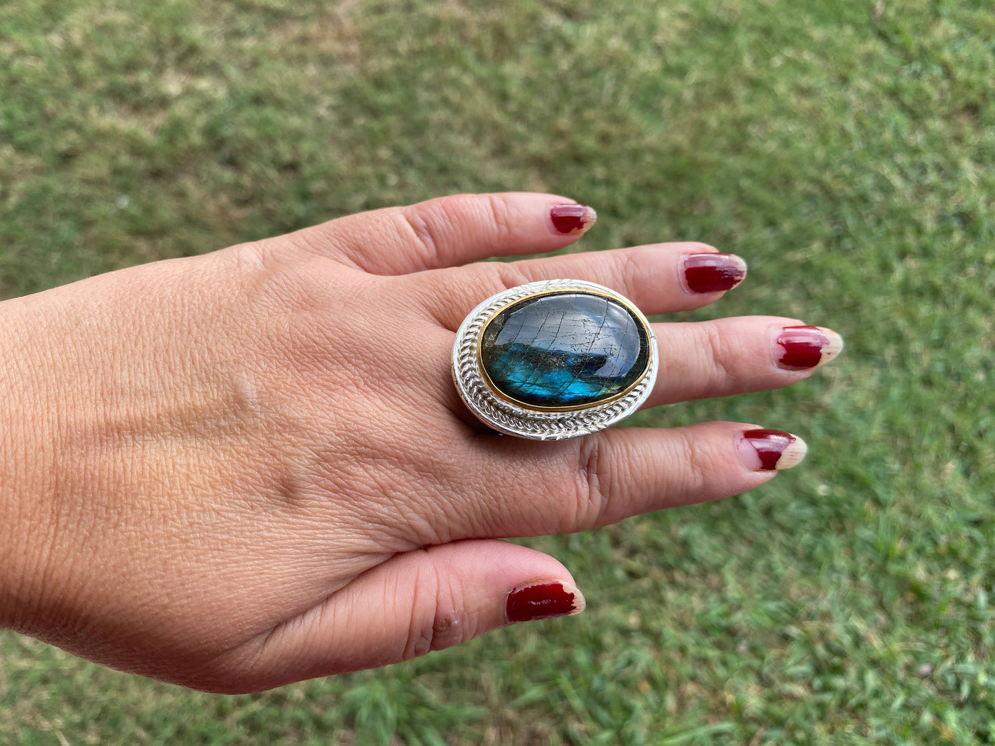 Big Adjustable Two Tone Ring, Labradorite Gemstone, Gold and Silver Overlay Ring, Statement Ring, Bridesmaid Gift, Hammered Ring, Big Stone