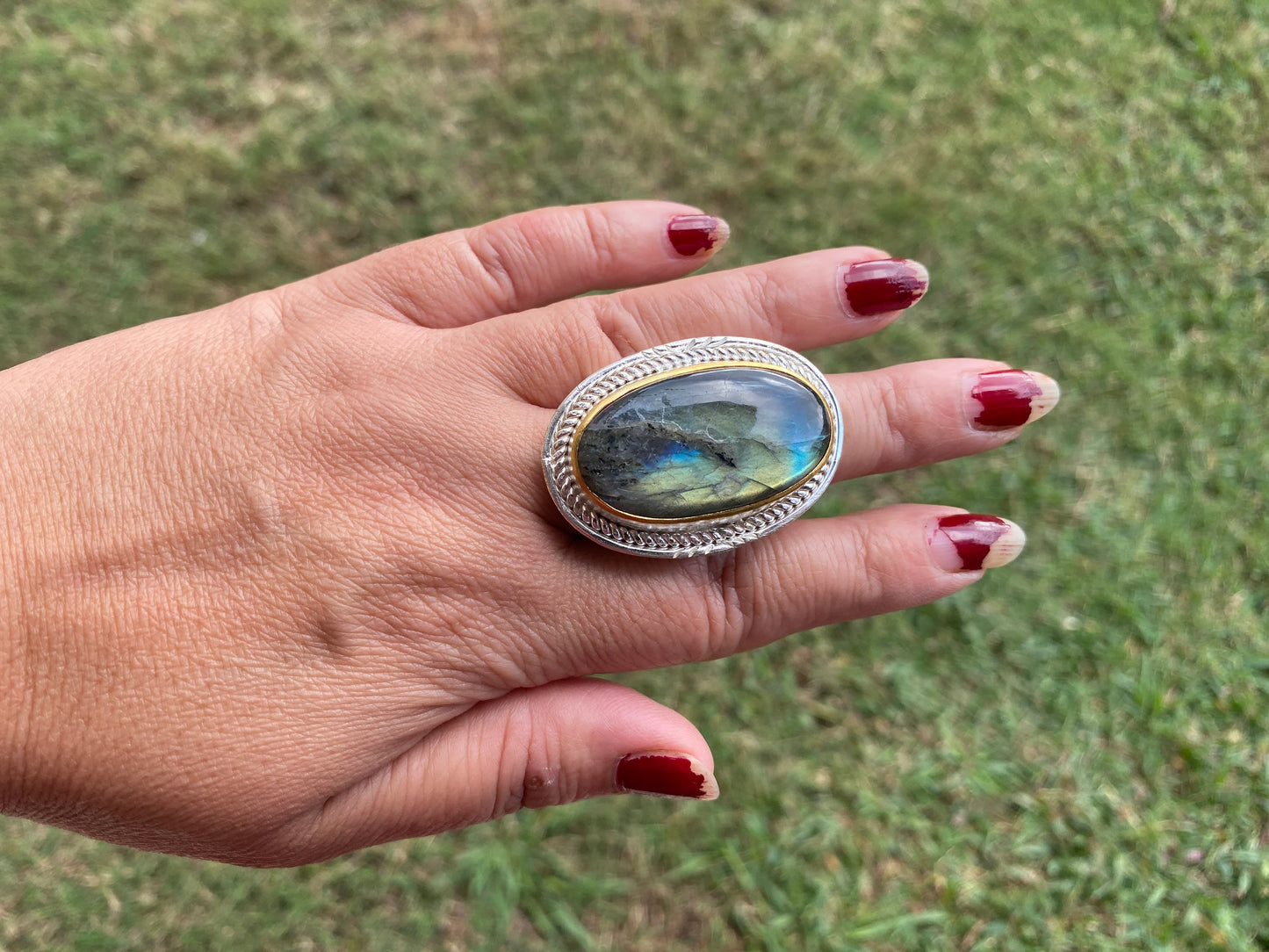 Big Adjustable Two Tone Ring, Labradorite Gemstone, Gold and Silver Overlay Ring, Statement Ring, Bridesmaid Gift, Hammered Ring, Big Stone