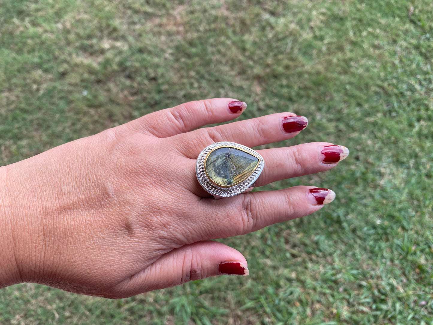 Big Adjustable Two Tone Ring, Labradorite Gemstone, Gold and Silver Overlay Ring, Statement Ring, Bridesmaid Gift, Hammered Ring, Big Stone