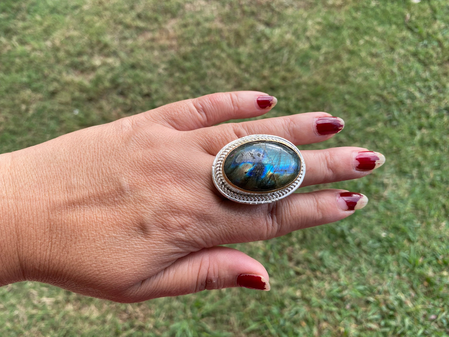 Big Adjustable Two Tone Ring, Labradorite Gemstone, Gold and Silver Overlay Ring, Statement Ring, Bridesmaid Gift, Hammered Ring, Big Stone
