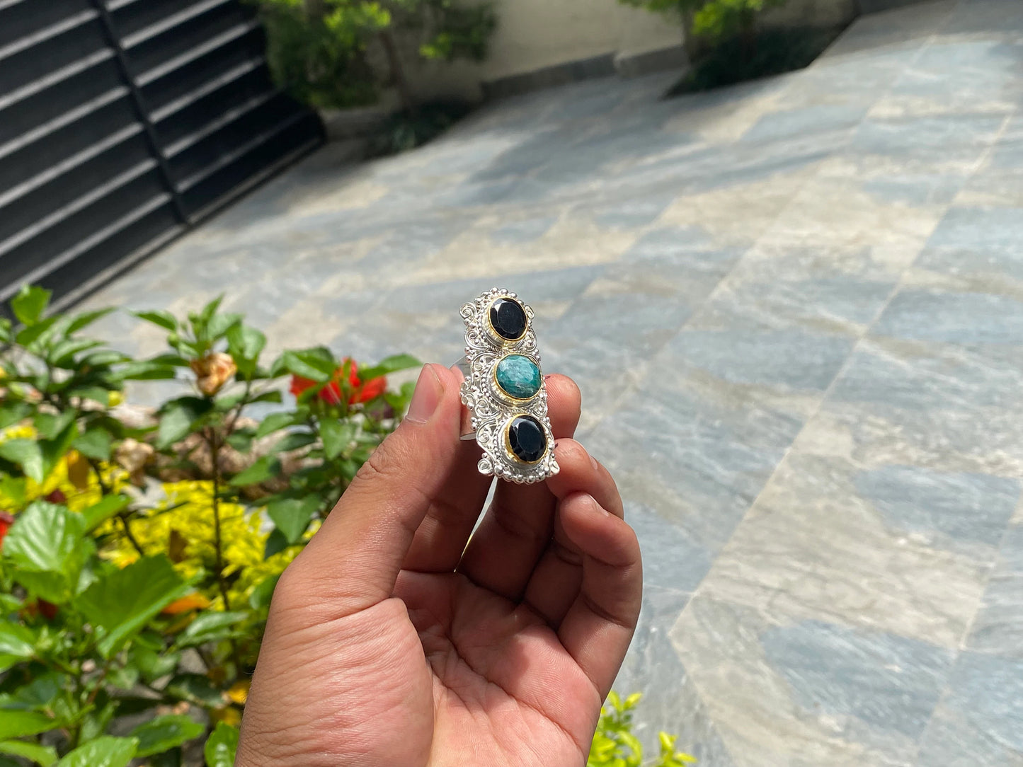 Big Adjustable Unisex Ring, Natural Gemstone Ring, Healing Rings, Two Tone Ring, Hammered ring.Big Adjustable Unisex Ring, Natural Gemstone Ring, Healing Rings, Two Tone Ring, Hammered ring.