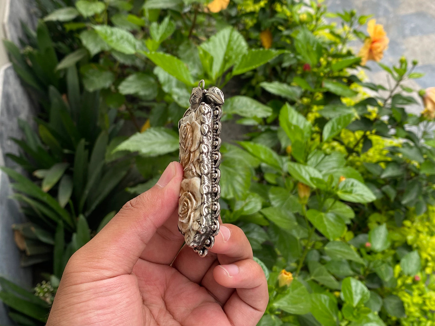 Big Antique pendant with Flower motif on water buffalo Bone, Unique pendant for daily wear, Tibetan silver jewelry, gift for him/her.