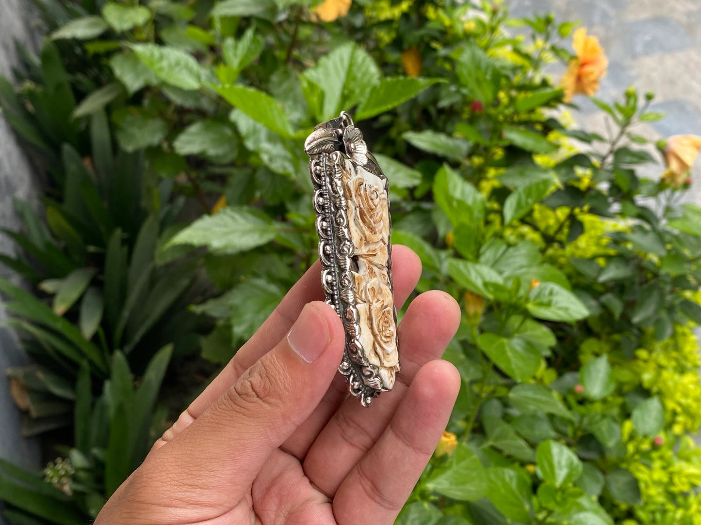 Big Antique pendant with Flower motif on water buffalo Bone, Unique pendant for daily wear, Tibetan silver jewelry, gift for him/her.
