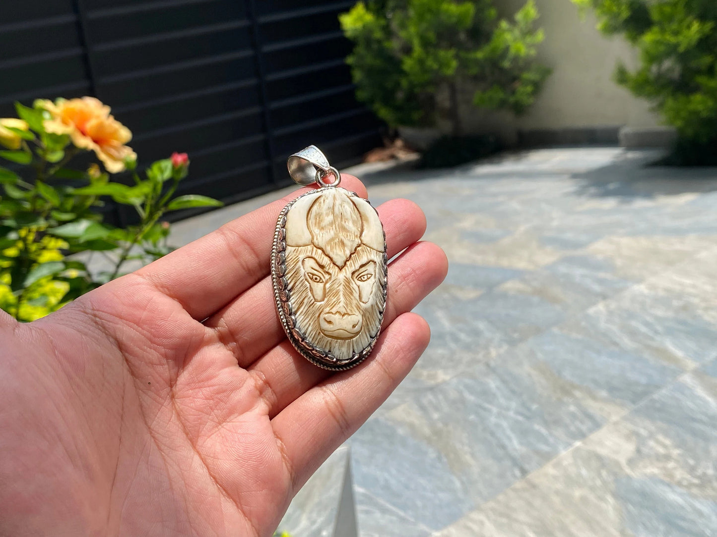 Big Bull Face carved on Buffalo Bone Pendant, Antique buffalo bone Pendant for daily wear, Tibetan Silver Pendant for Fashion, Unique&Unisex