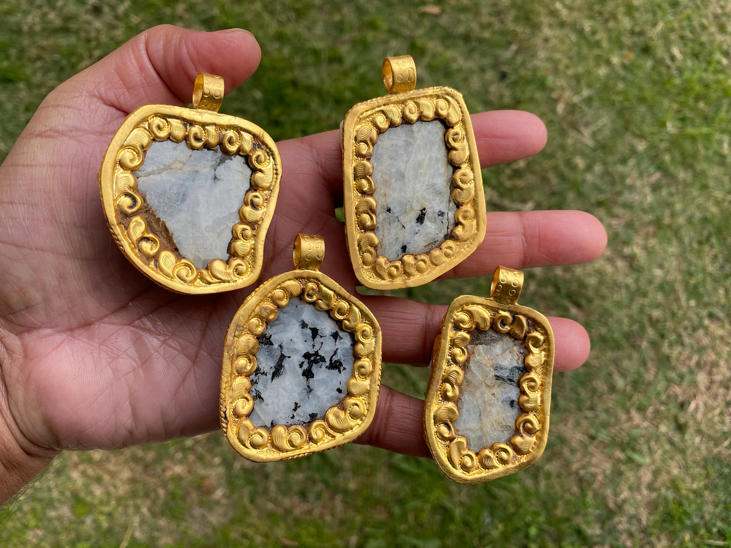 Big Chunky Raw Natural Rainbow Moonstone Pendant, Non Tarnish Brushed Gold Overlay, Raw Crystal Jewelry, Crown Chakra, Elegant Design