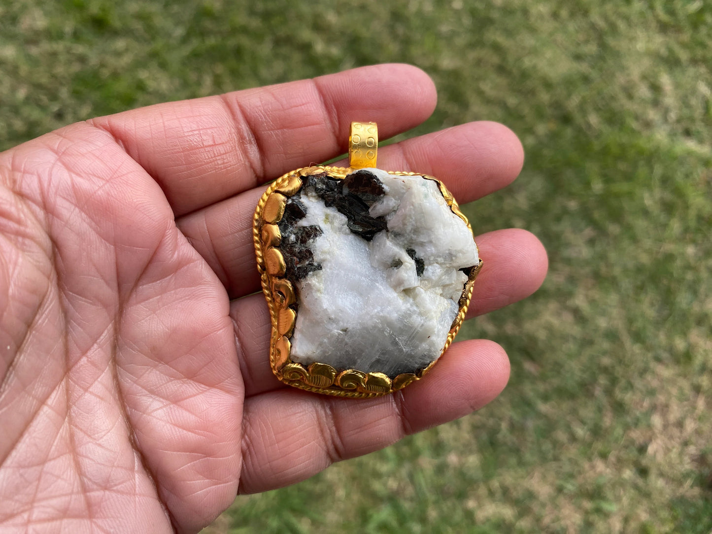 Big Chunky Raw Natural Rainbow Moonstone Pendant, Non Tarnish Brushed Gold Overlay, Raw Crystal Jewelry, Crown Chakra, Elegant Design