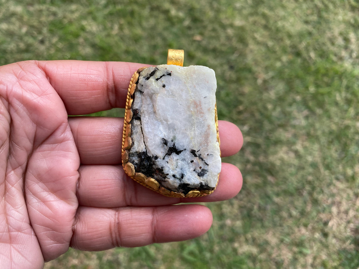 Big Chunky Raw Natural Rainbow Moonstone Pendant, Non Tarnish Brushed Gold Overlay, Raw Crystal Jewelry, Crown Chakra, Elegant Design