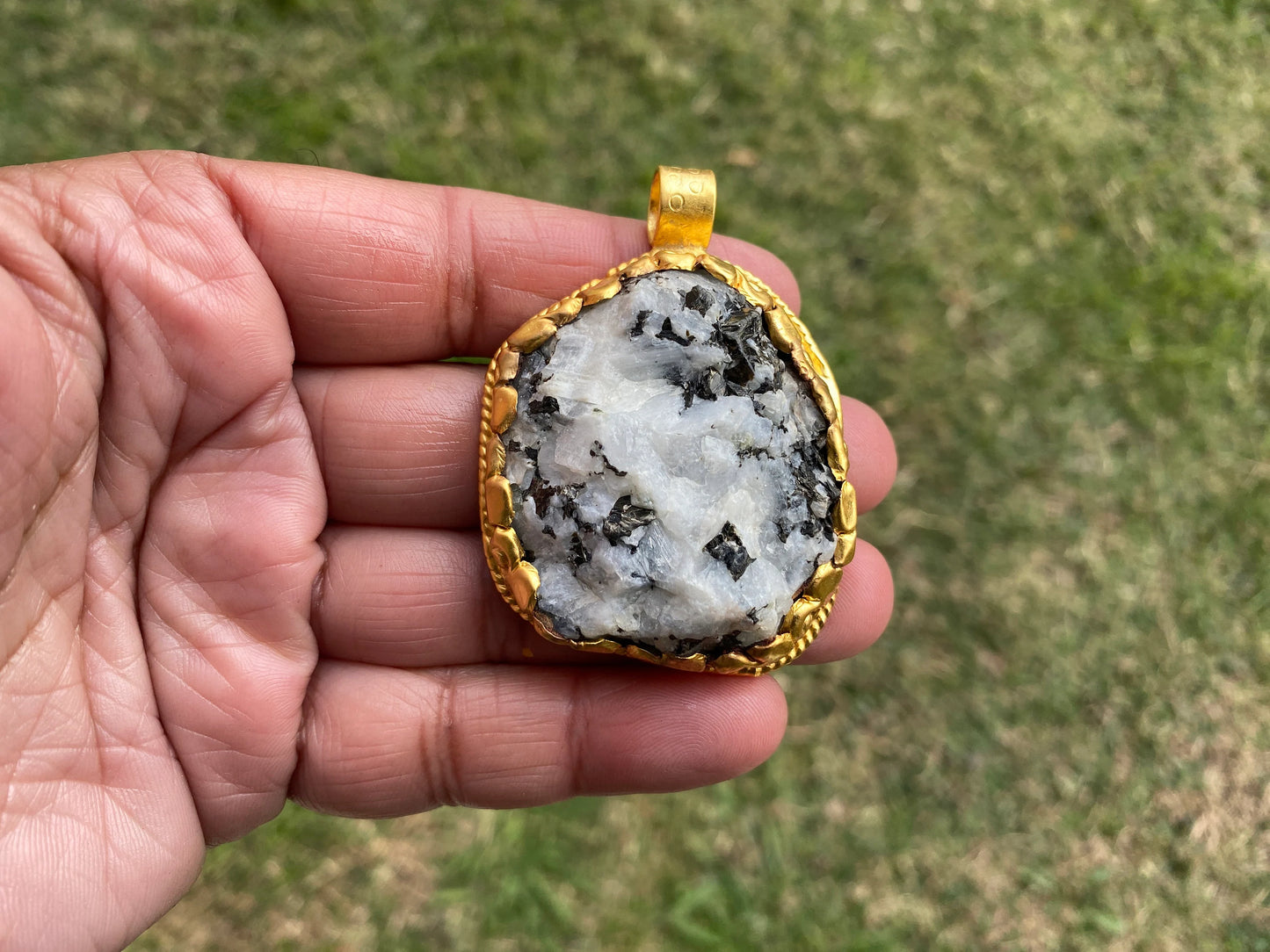 Big Chunky Raw Natural Rainbow Moonstone Pendant, Non Tarnish Brushed Gold Overlay, Raw Crystal Jewelry, Crown Chakra, Elegant Design
