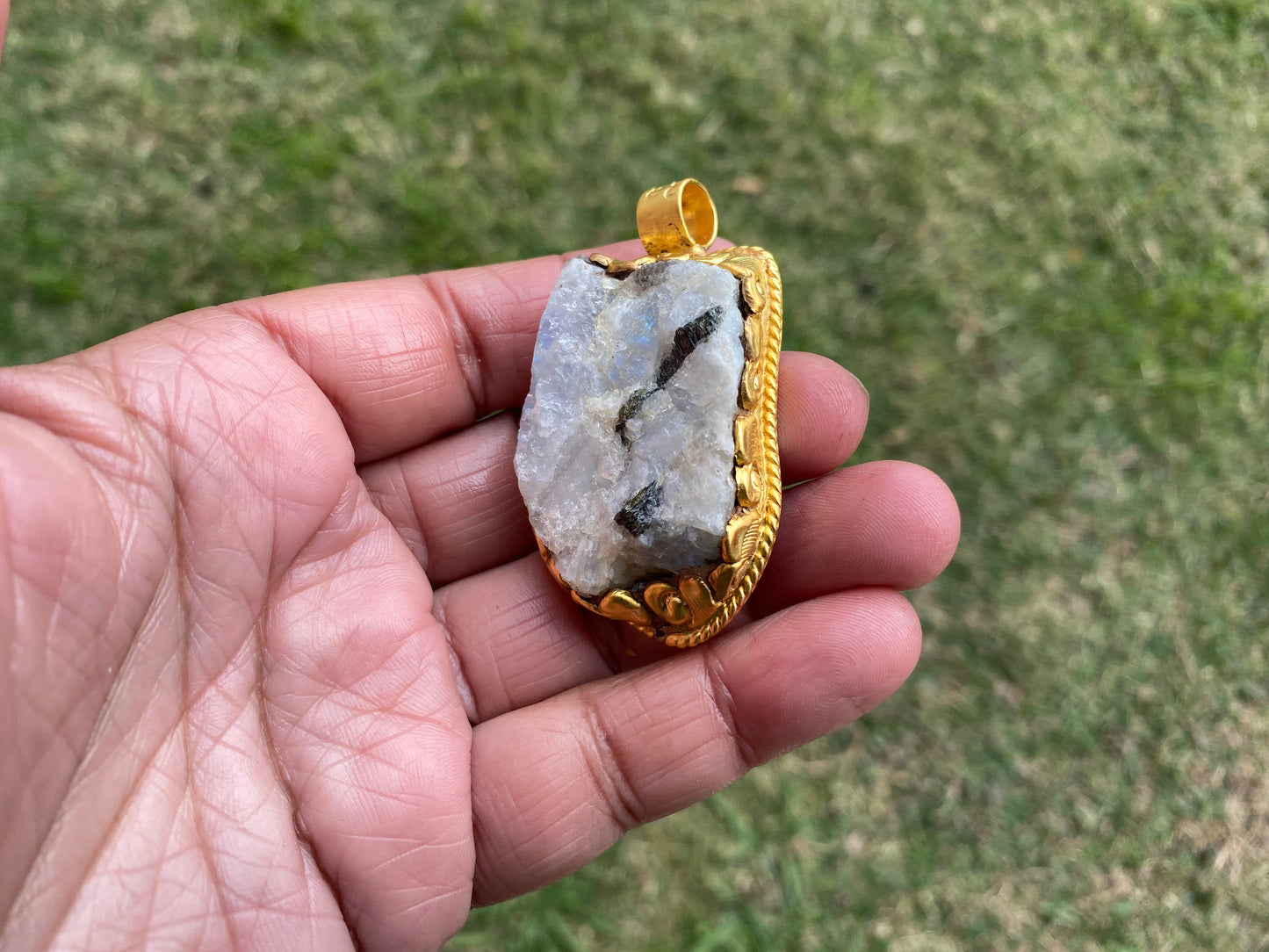 Big Chunky Raw Natural Rainbow Moonstone Pendant, Non Tarnish Brushed Gold Overlay, Raw Crystal Jewelry, Crown Chakra, Elegant Design