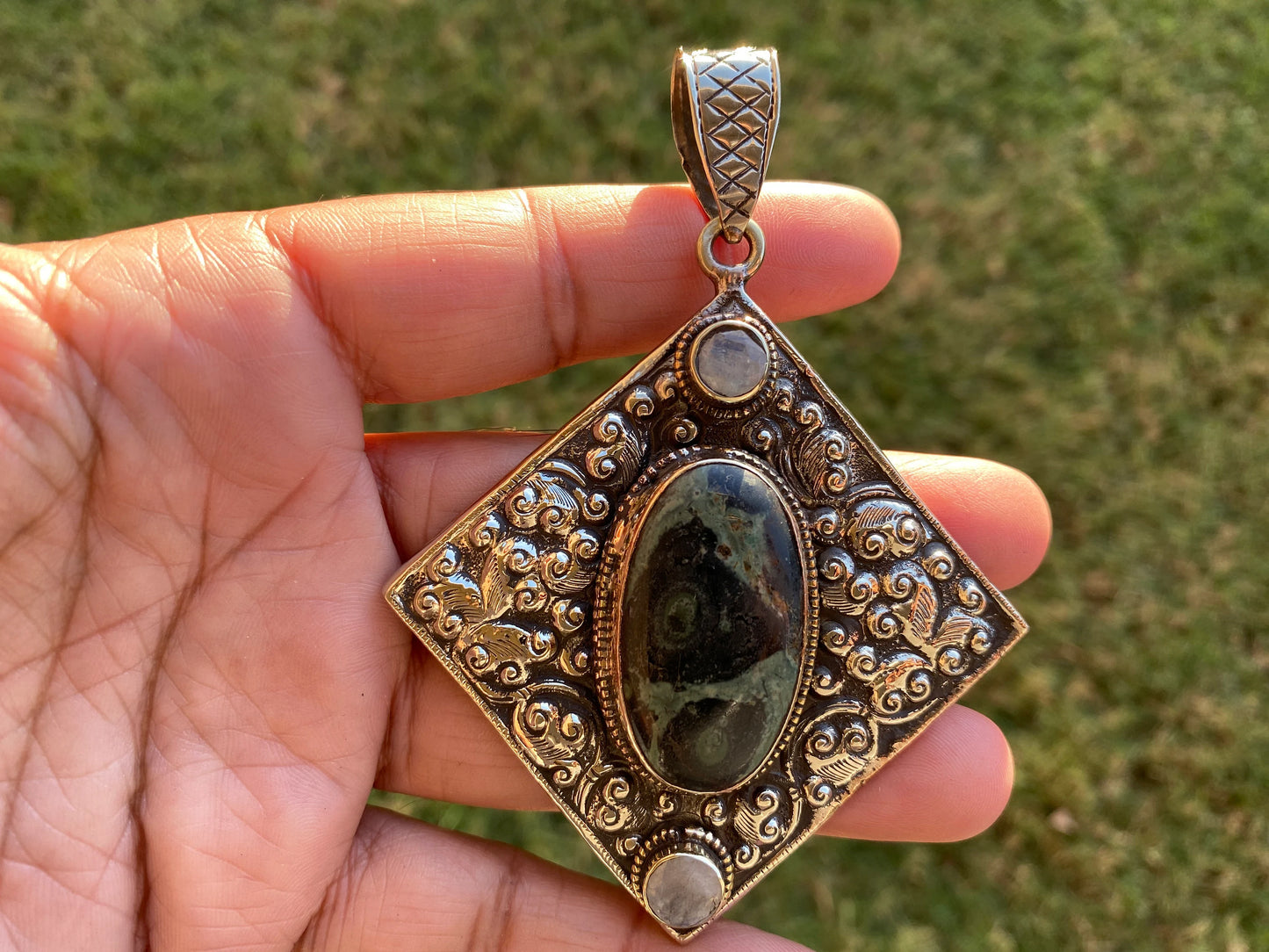 Big Green Kambaba Jasper Tibetan Silver Pendant, Moonstone or Ruby Gemstone, Natural Stone Locket, Tibetan Pendant, Etheric Jewelry,