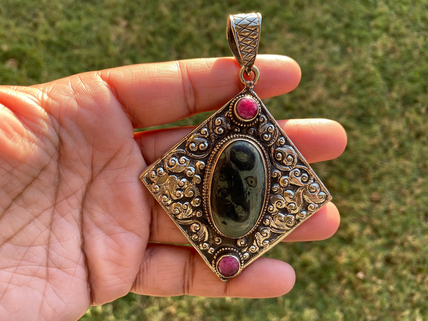 Big Green Kambaba Jasper Tibetan Silver Pendant, Moonstone or Ruby Gemstone, Natural Stone Locket, Tibetan Pendant, Etheric Jewelry,