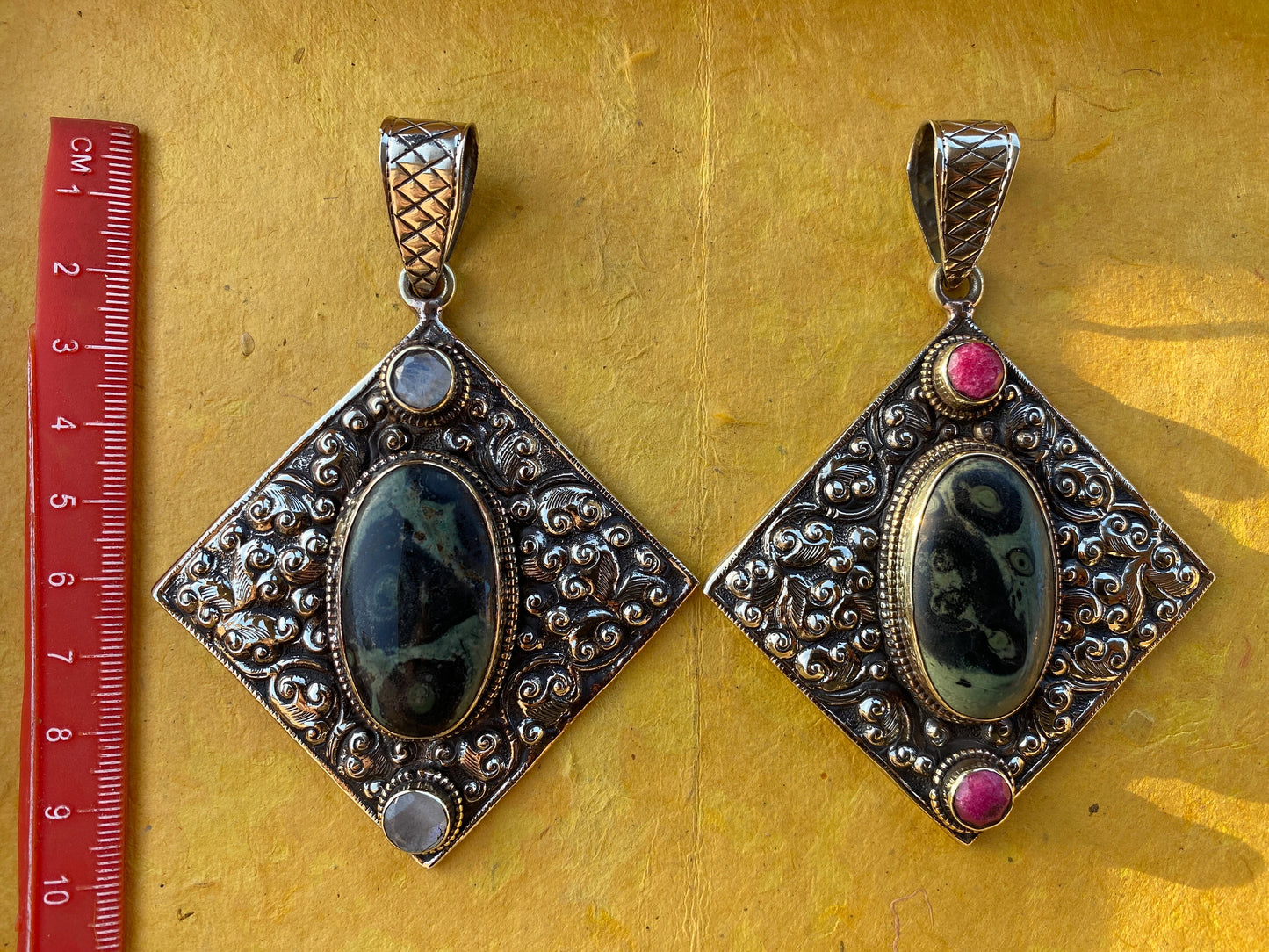 Big Green Kambaba Jasper Tibetan Silver Pendant, Moonstone or Ruby Gemstone, Natural Stone Locket, Tibetan Pendant, Etheric Jewelry,