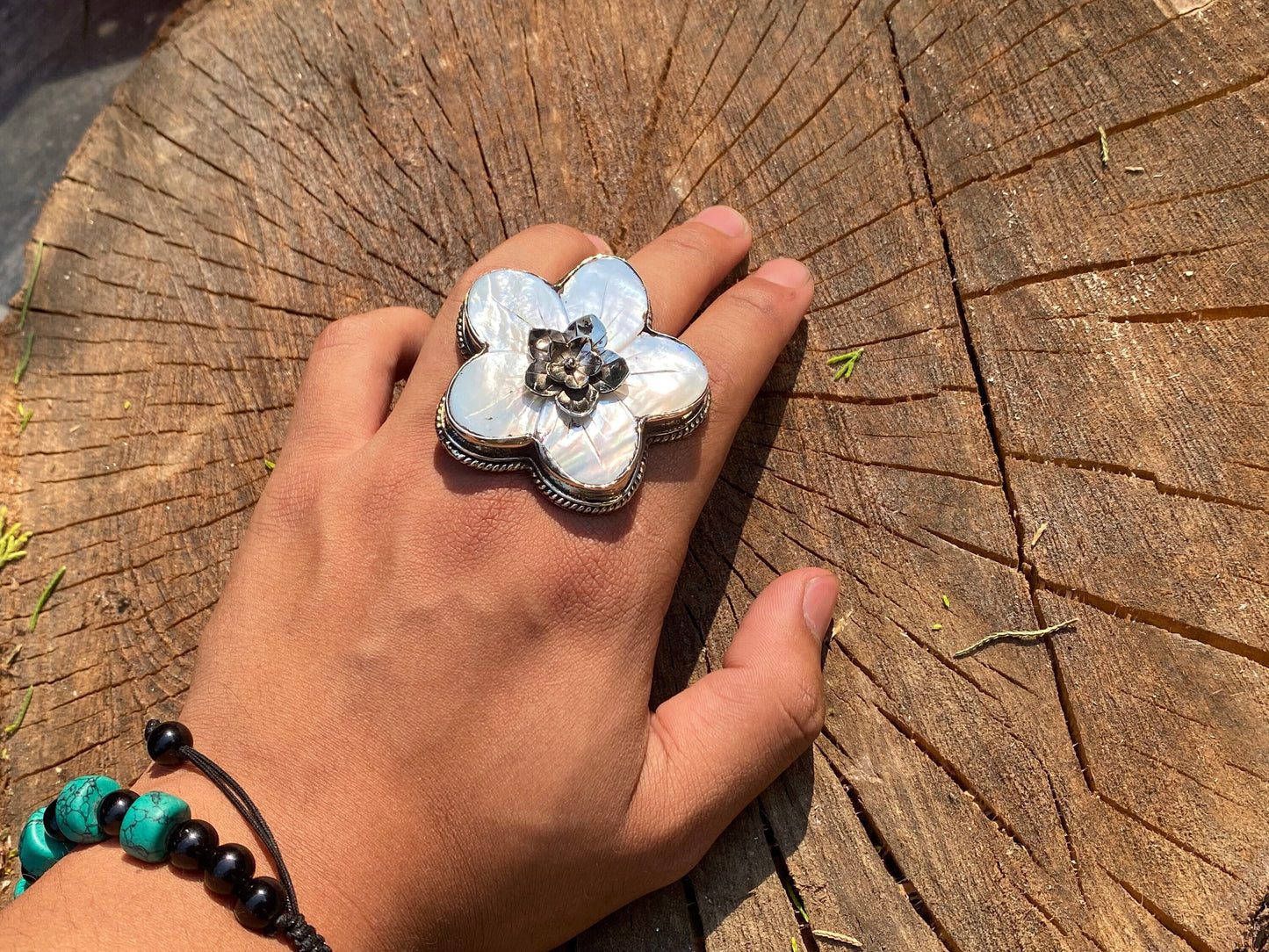 Big Hammered Flower Shaped Adjustable Ring, Tibetan Silver Ring.