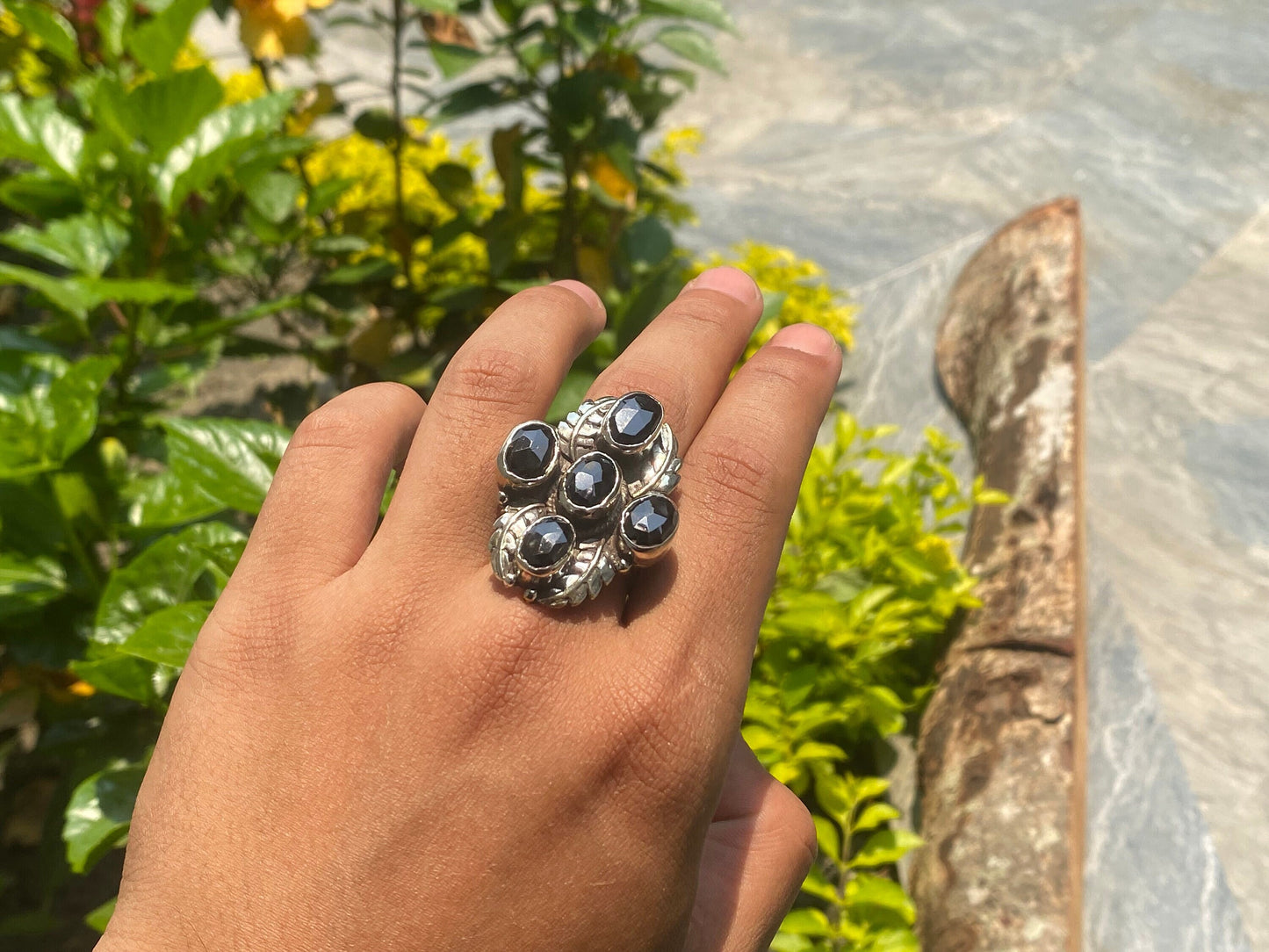 Adjustable Tibetan Silver Ring, Big Hammered Ring, Black Onyx Ring.