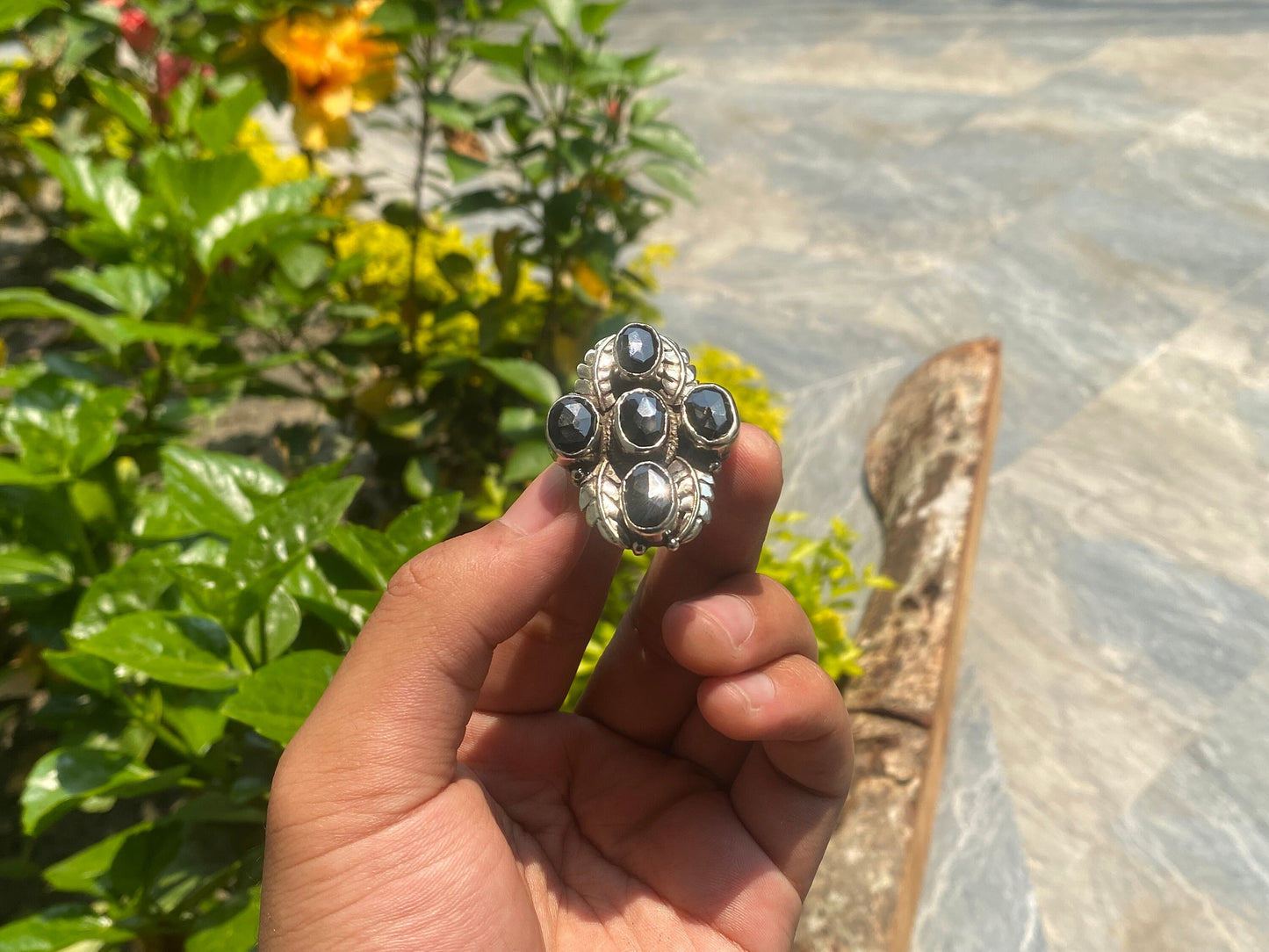 Adjustable Tibetan Silver Ring, Big Hammered Ring, Black Onyx Ring.