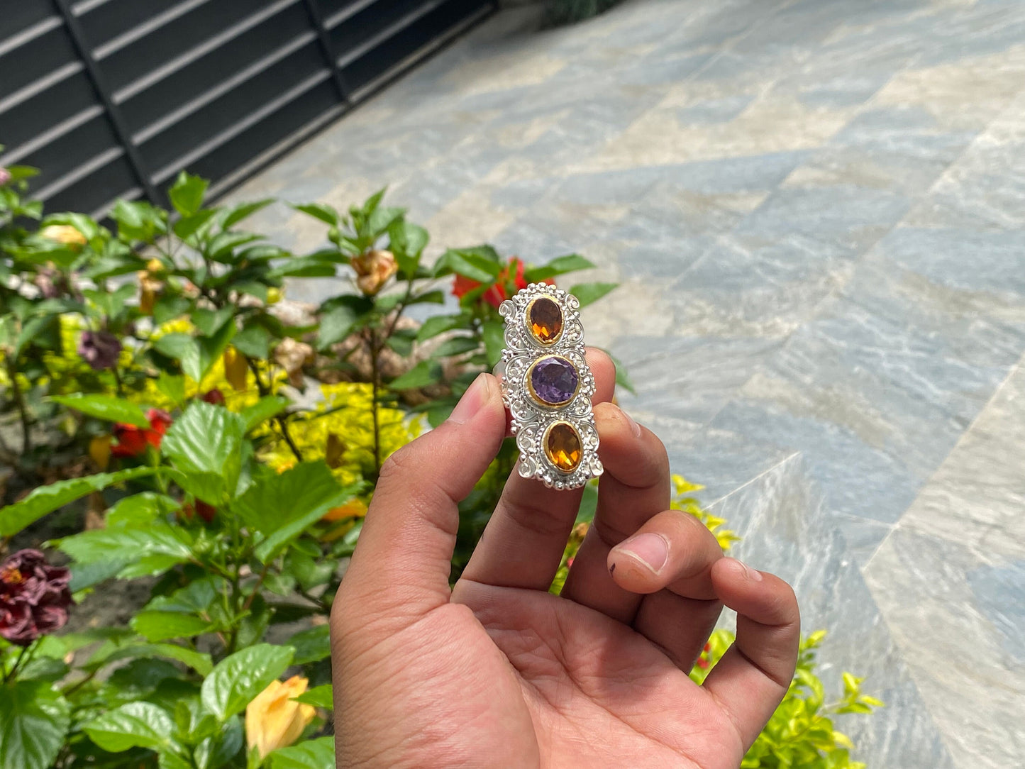 Big Natural Citrine and Amethyst stone adorned ring, Adjustable Two Tone Ring, Handmade Nepali Ring.